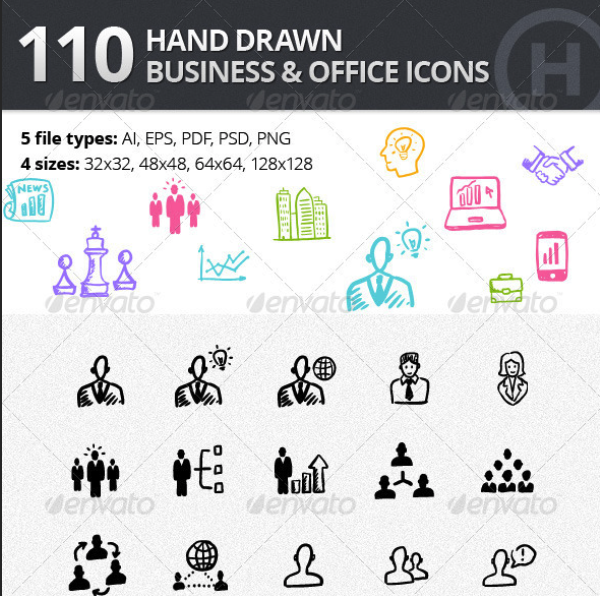 110 Hand-drawn Business and Office Icons by heloholo | GraphicRiver 