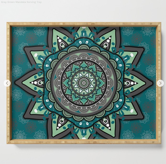 Gray Green Mandala Serving Tray by angeldecuir | Society6