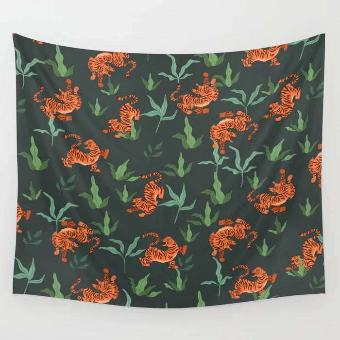 Dancing Tiger (Forest Green) Wall Tapestry by artyguava 