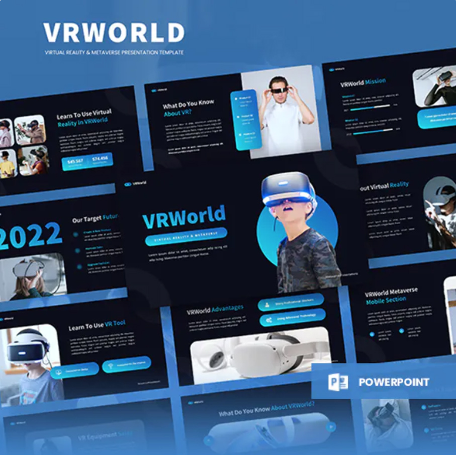 VRWorld - Virtual Reality & Metaverse Powerpoint Template By Pixesia
