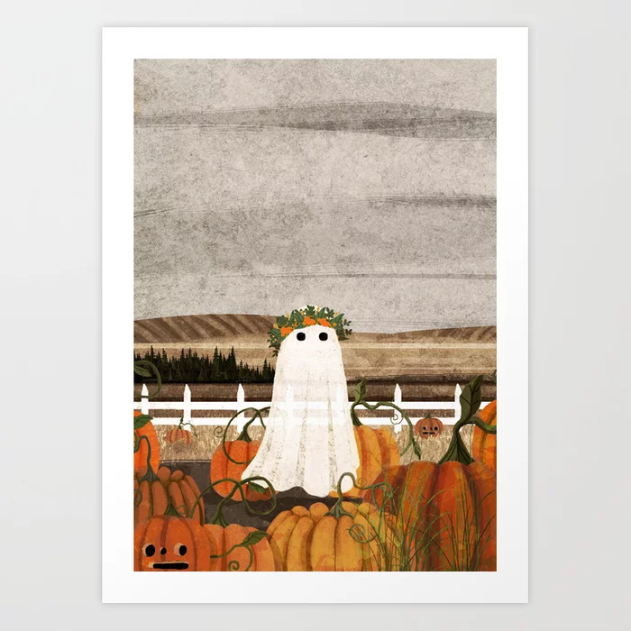 There's a Ghost in the Pumpkins Patch Again... Art Print by Katherine Blower Illustrator Designer