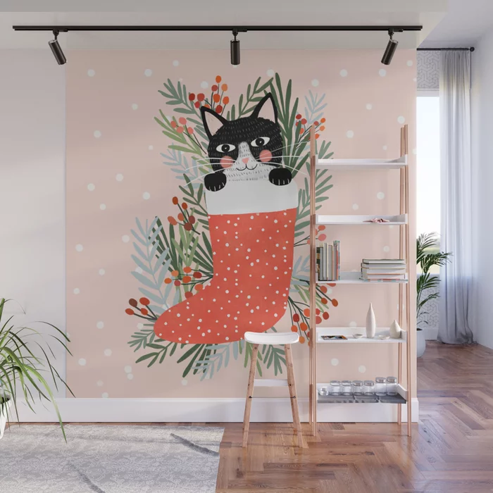 Cat on a sock. Holiday. Christmas Wall Mural by Mia Charro