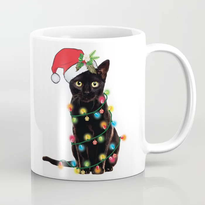Santa Black Cat Tangled Up In Lights Christmas Santa Graphic Coffee Mug by Tronic Tees 